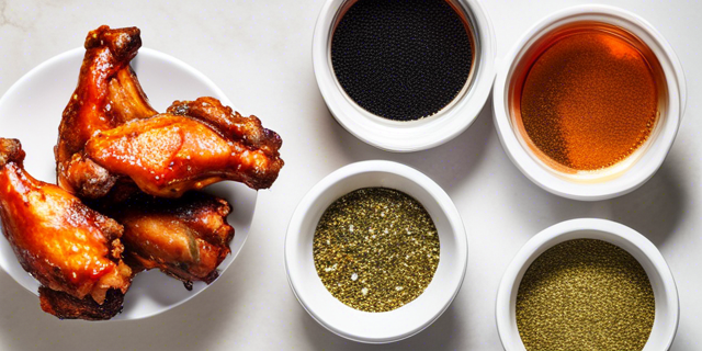 A bowl of chicken wings being tossed in different coatings—flour, cornstarch, and baking powder—with seasoning jars around.