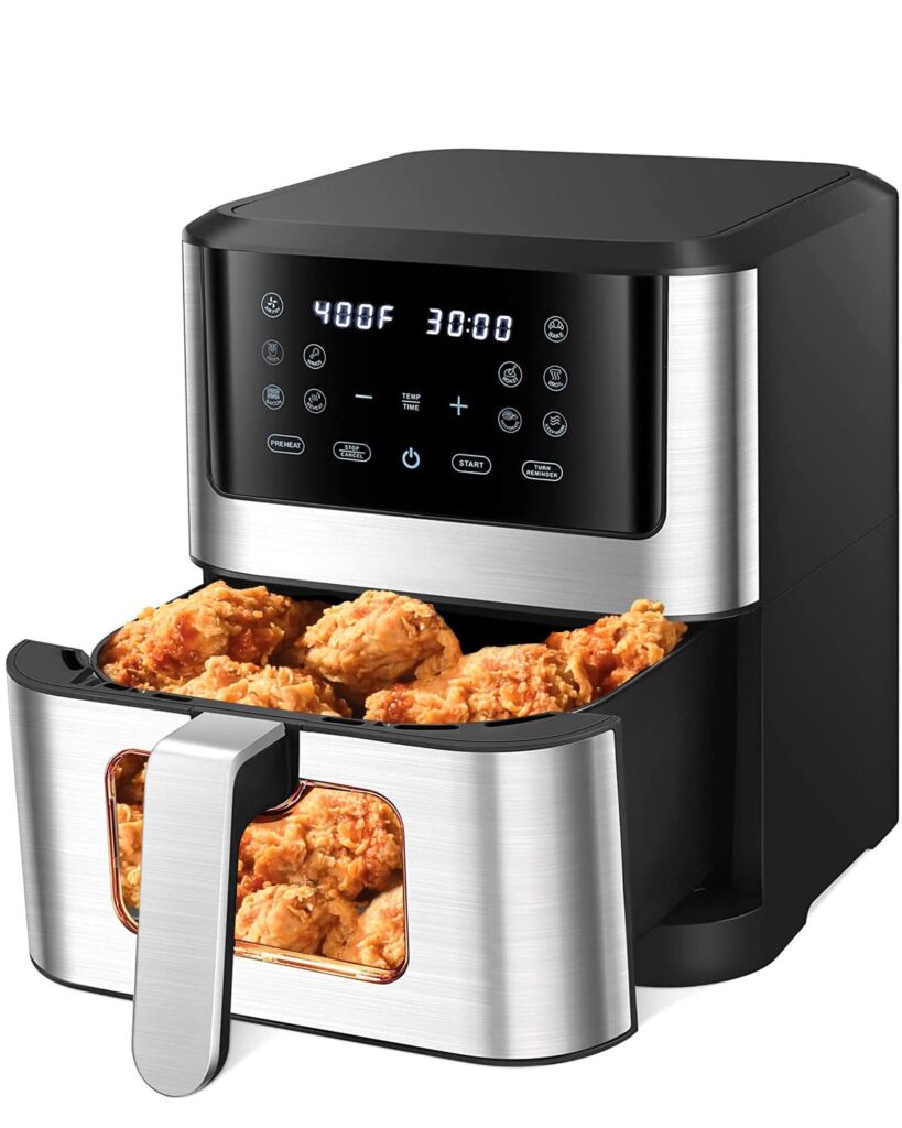 A close-up of an air fryer display showing the temperature set to 400°F, with the timer counting down from 3 minutes.