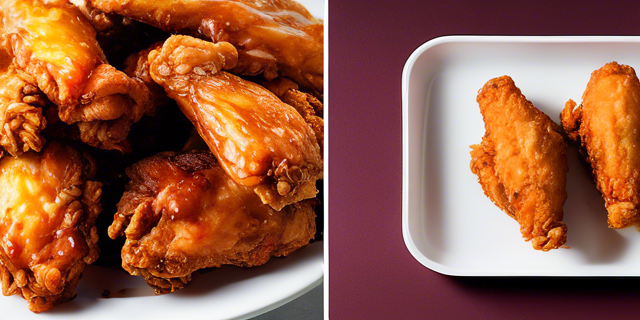 A comparison image of air-fried chicken wings next to deep-fried wings, showing reduced oiliness and enhanced crispiness.