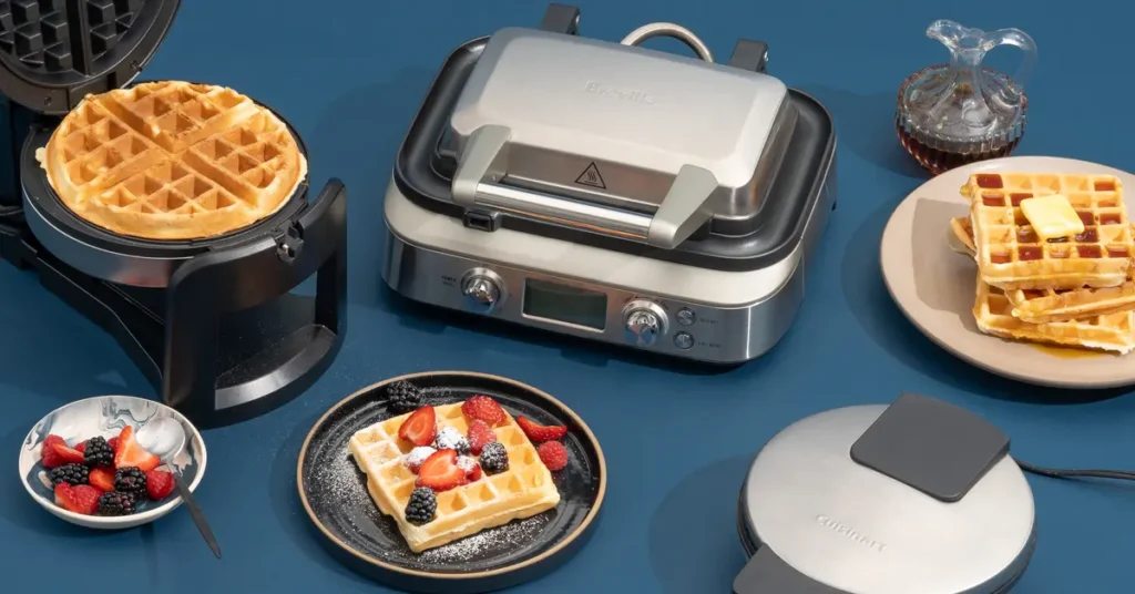 Side-by-side comparison of a Belgian waffle maker and a classic waffle maker, each with a finished waffle on a plate next to it. The Belgian waffle is thick and fluffy, while the classic waffle is thin and crispy.