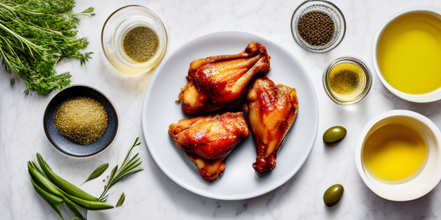 A flat lay image of the basic ingredients—chicken wings, olive oil, and seasonings—neatly arranged on a kitchen countertop.