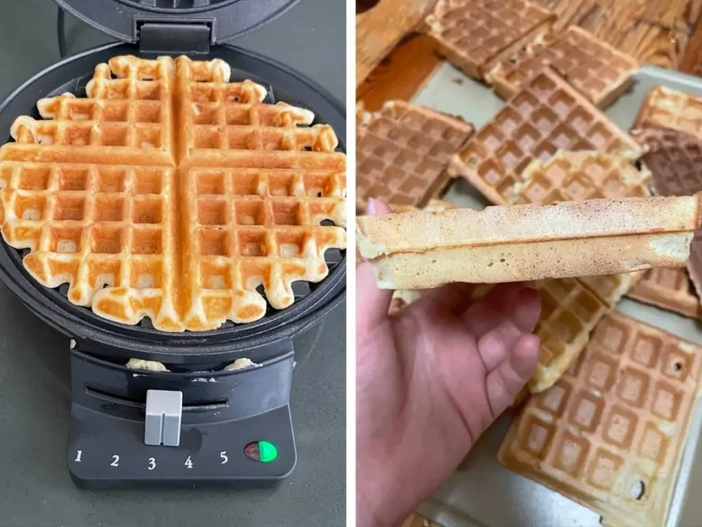 Side-by-side comparison of a thick Belgian waffle with deep pockets and a thin classic waffle with a diamond grid pattern.