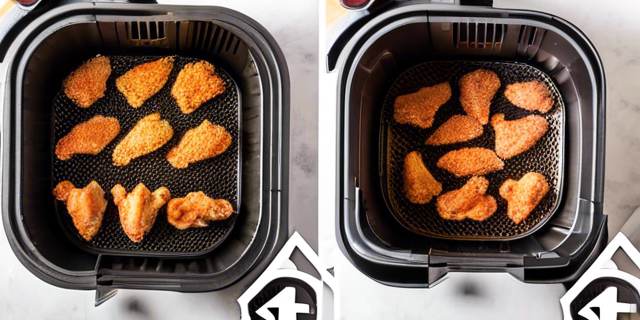 Step-by-step visual guide showing chicken wings being patted dry, seasoned, placed in the air fryer basket, and flipped halfway through cooking.