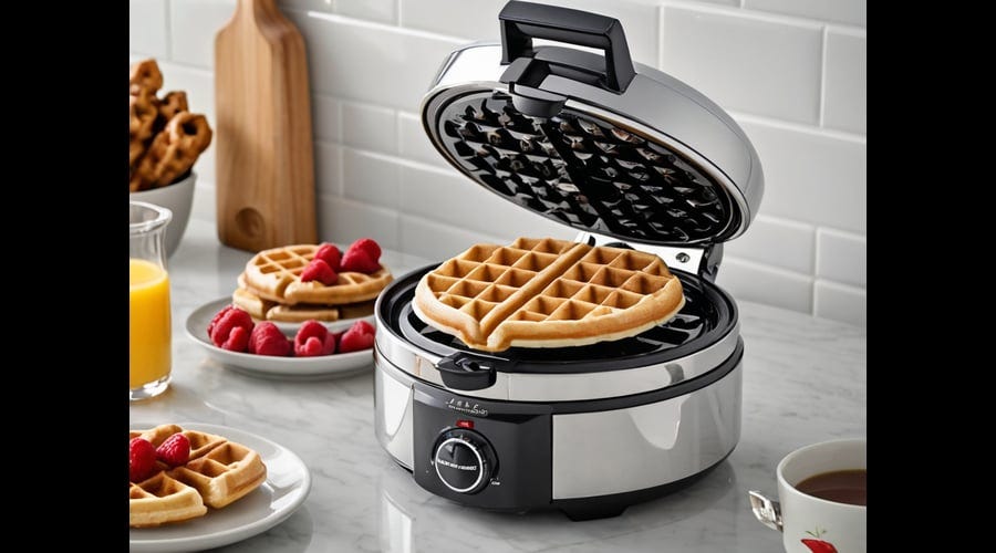 A waffle iron with a control panel featuring a temperature dial and browning settings.