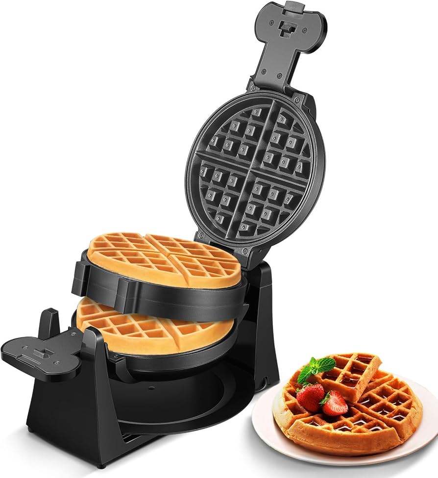 The Cuisinart Double Belgian Waffle Maker with two golden-brown waffles cooking simultaneously in its two compartments.