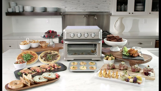 Cuisinart Air Fryer Toaster Oven with Grill cooking different foods like pizza, chicken, and vegetables."