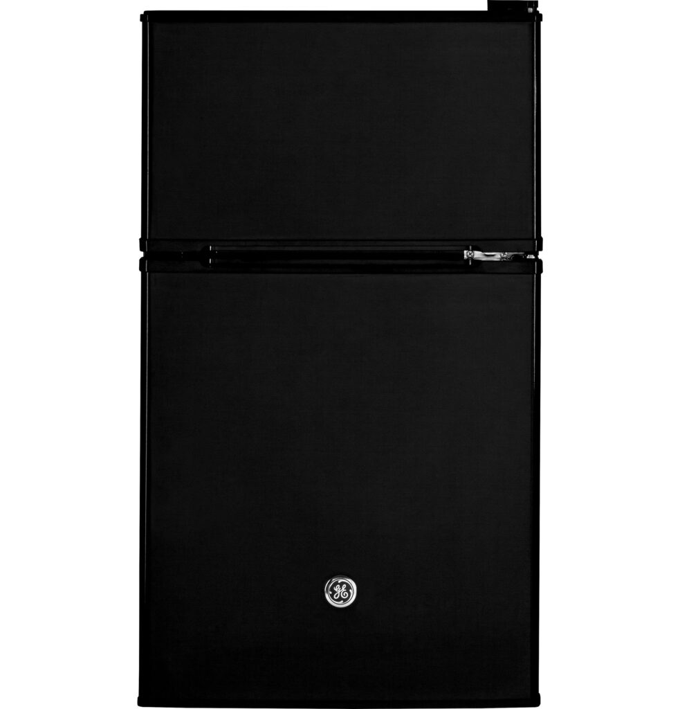 GE Double-Door Mini Fridge with Freezer in a small modern kitchen setting