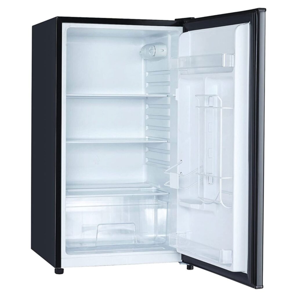 Magic Chef Compact Refrigerator with stainless steel finish, adjustable shelves, and freezer compartment.