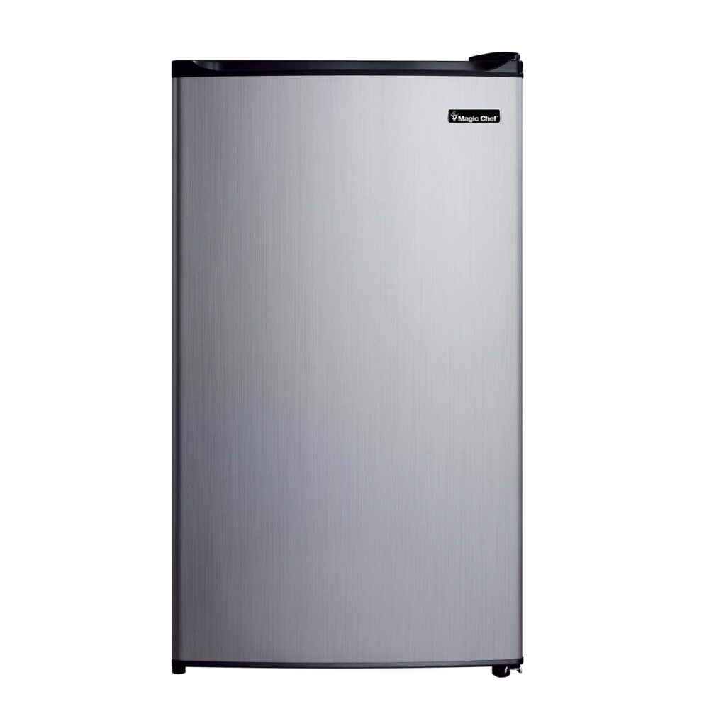 Magic Chef Compact Refrigerator with stainless steel finish, adjustable shelves, and freezer compartment