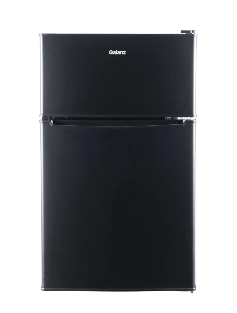 RCA RFR835 Two-Door Mini Fridge with Freezer in a small dorm room setting