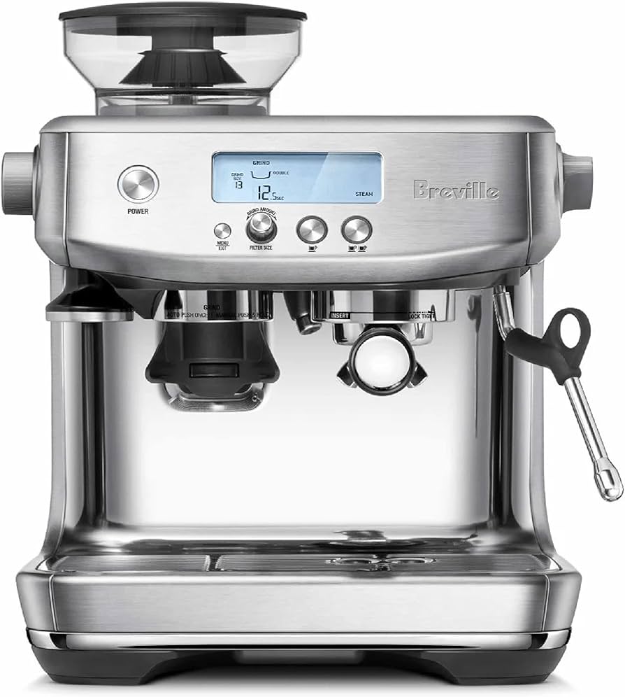 Breville Barista Pro espresso machine with a stainless steel body, featuring a built-in grinder, LCD display, and steam wand for crafting barista-quality coffee at home.