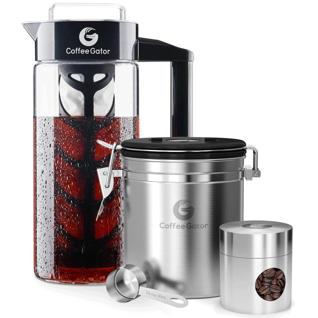 Coffee Gator Cold Brew Maker with stainless steel body and built-in filter, designed for portable cold brew coffee.