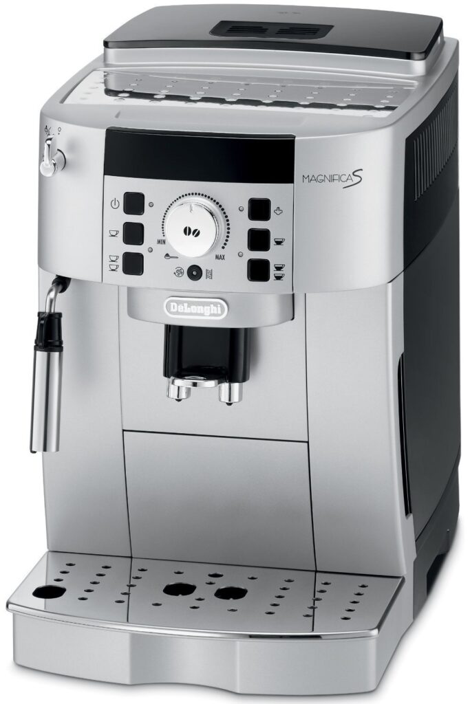 De'Longhi ECAM22110SB Compact Automatic Cappuccino Machine with a silver and black exterior, featuring a built-in grinder, front control panel, and steam wand for brewing espresso and frothing milk.