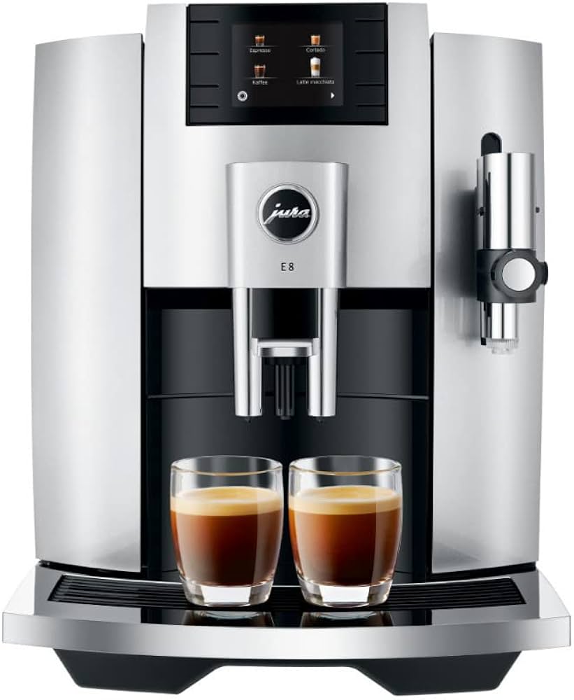 Jura E8 Automatic Coffee Machine with a sleek black and chrome finish, featuring a built-in grinder, milk frother, and touch-button controls for brewing various coffee specialties.