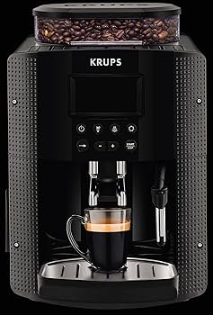 Krups EA8150 Super Automatic Espresso Machine in a compact black design, featuring a built-in grinder, intuitive control panel, and steam nozzle for making espresso and frothing milk.