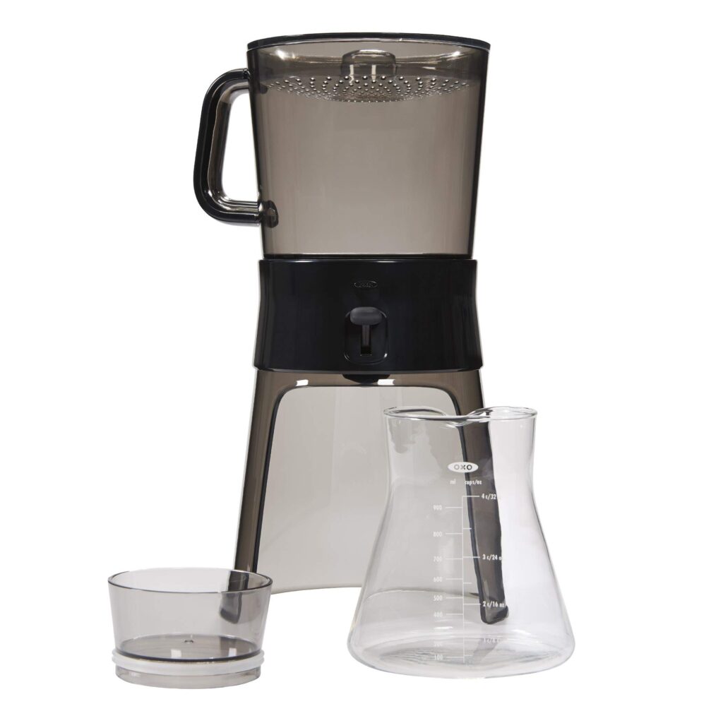 OXO Good Grips Cold Brew Coffee Maker with a compact design, brew-release switch, and even coffee saturation for smooth cold brew.