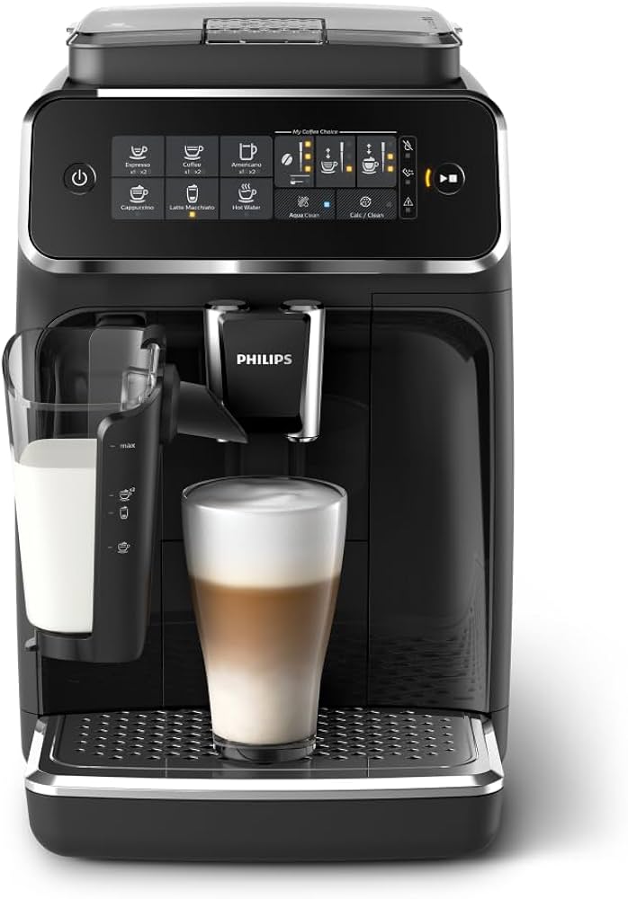 Philips 3200 Series Fully Automatic Espresso Machine in a black and silver design, featuring a touch display, built-in grinder, and milk frother for easy preparation of espresso, cappuccinos, and lattes.