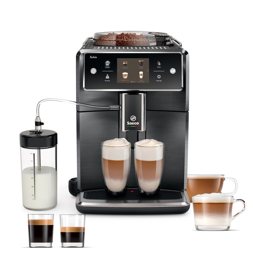 Saeco Xelsis Super Automatic Espresso Machine with a modern stainless steel design, featuring a touch display, dual milk frother, and built-in ceramic grinder for a wide range of customizable coffee drinks.