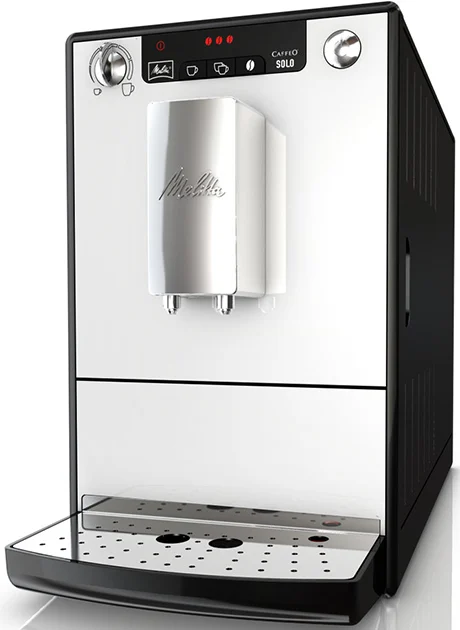 Melitta Caffeo Solo Automatic Coffee Machine in a sleek  design, featuring a compact build, simple control panel, and integrated grinder for brewing espresso and coffee.